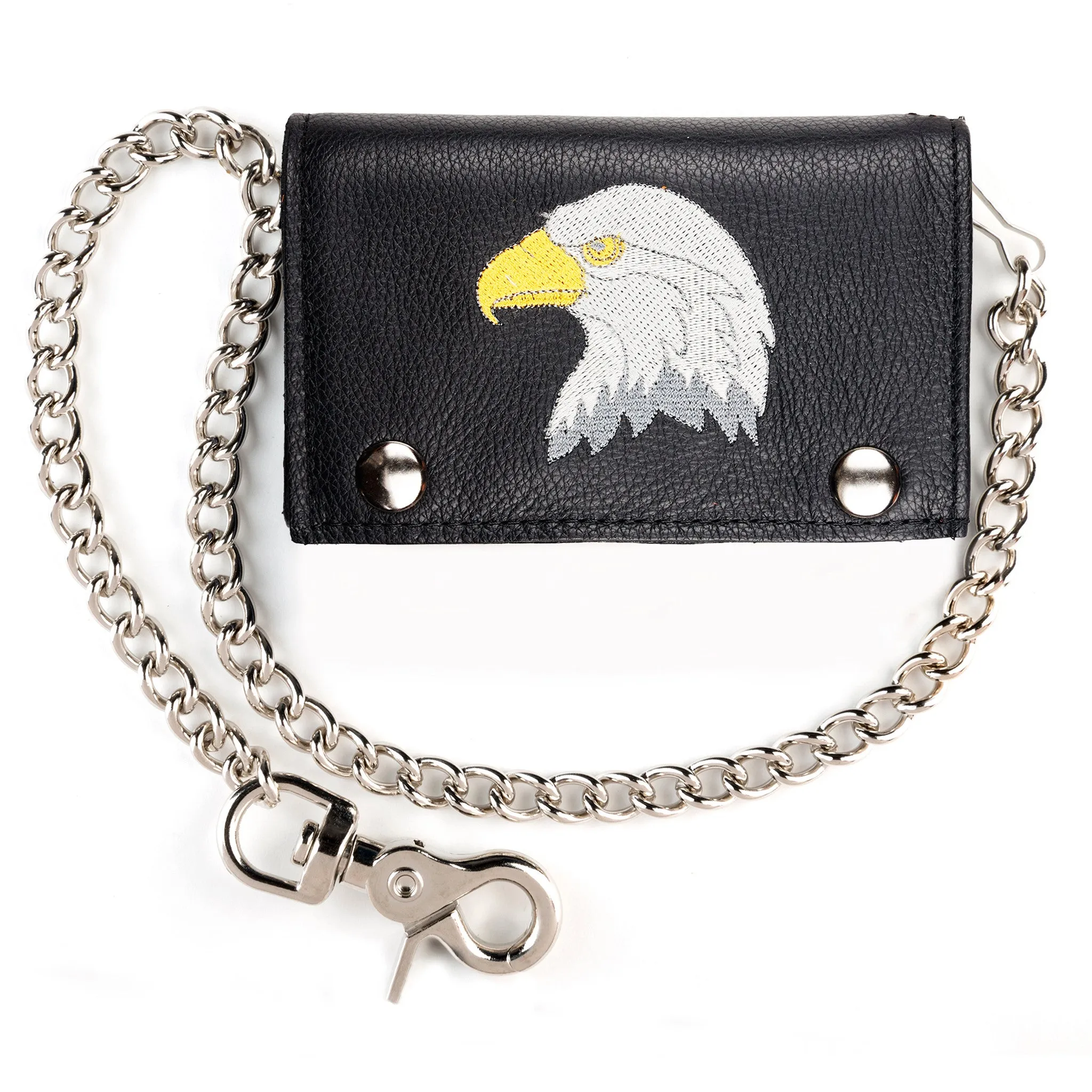 XL Embroidered Soft Tri-Fold Wallet w/ Chain- Silver Eagle Head