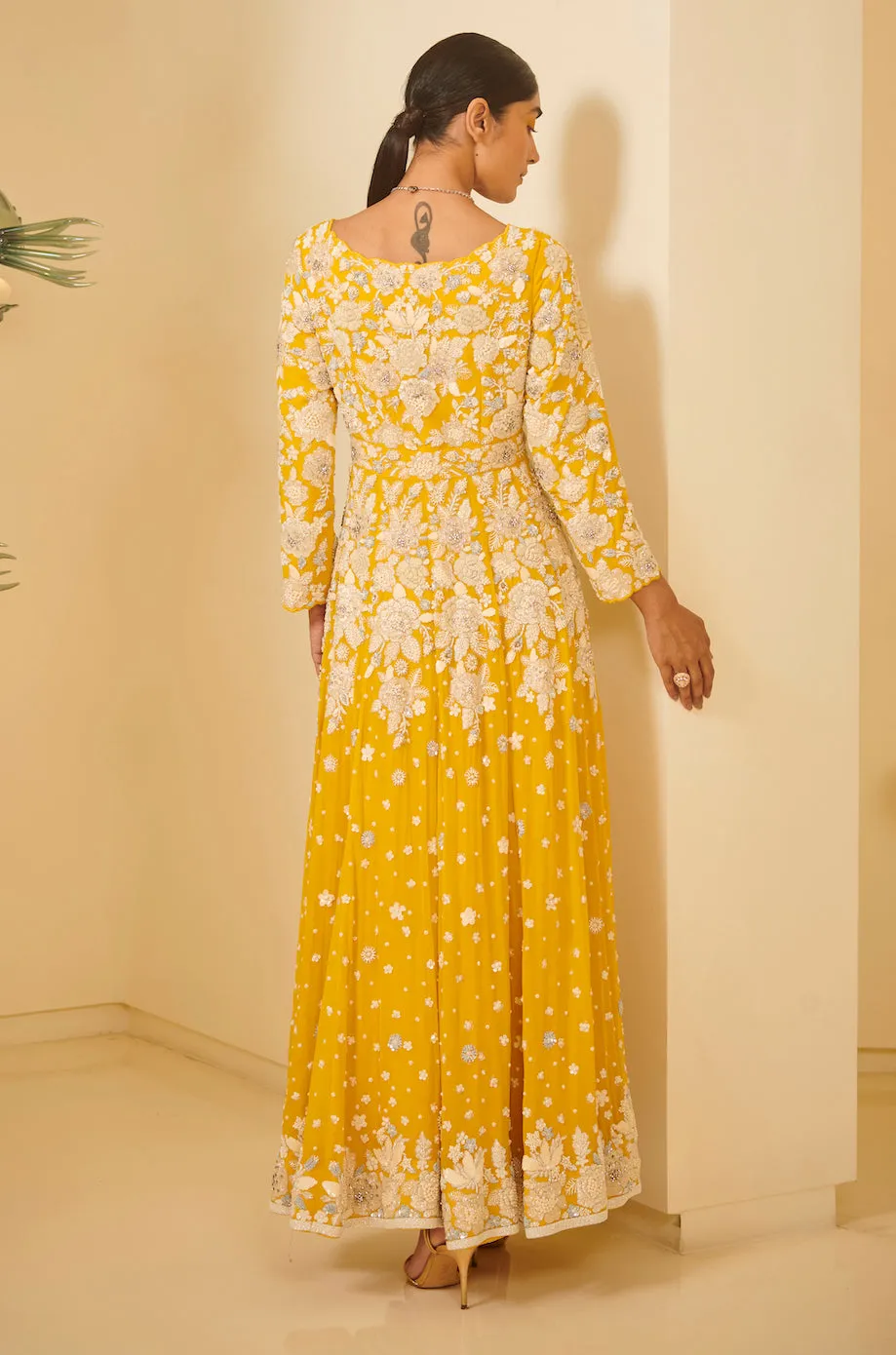 Yellow Embroidered Kalidar With Pants