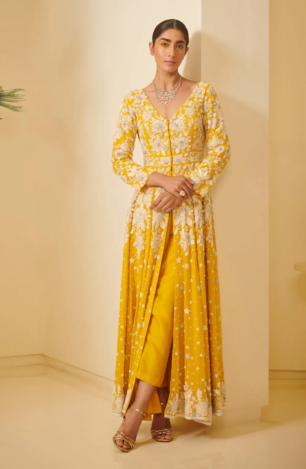 Yellow Embroidered Kalidar With Pants