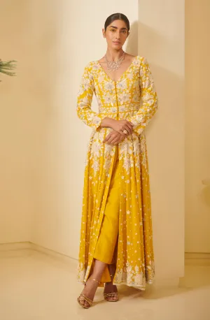 Yellow Embroidered Kalidar With Pants