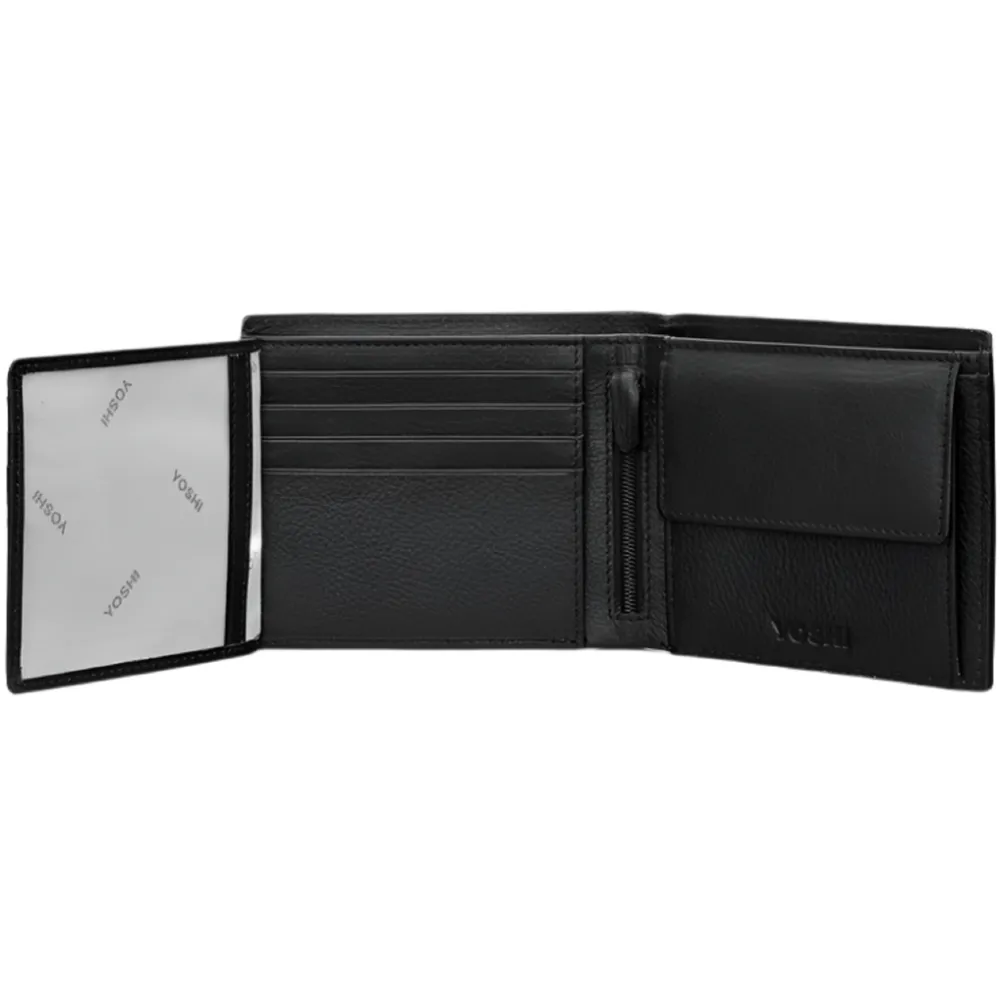Yoshi Extra Capacity Black Leather Wallet with Coin Pocket