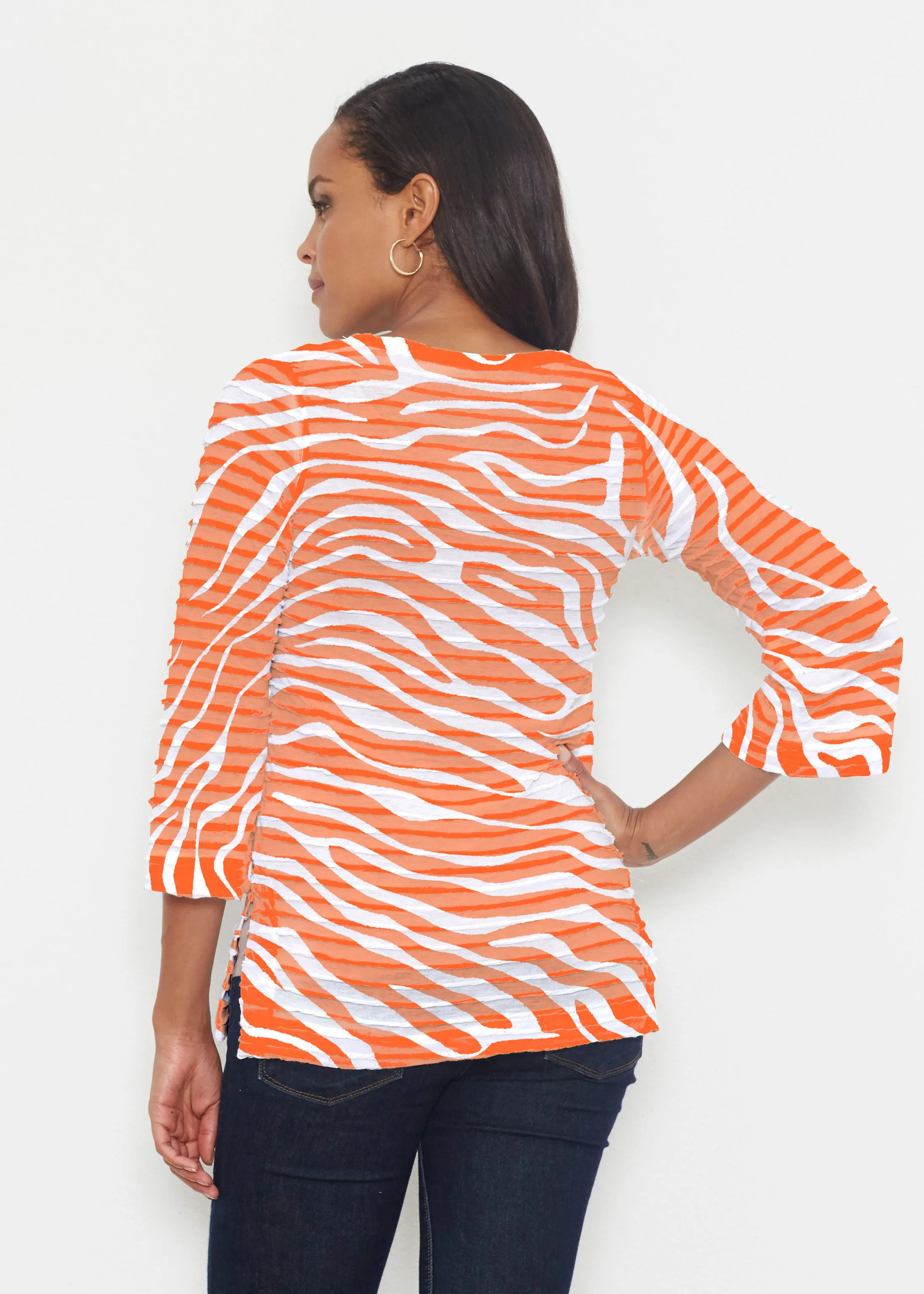 Zebra Orange (7042) ~ Banded 3/4 Bell-Sleeve V-Neck Tunic